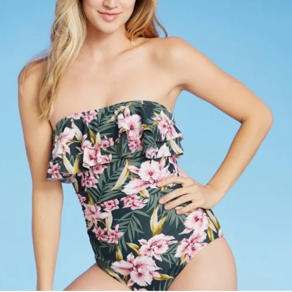 Kona Sol Tropical Floral Bandeau One Piece Swimsuit